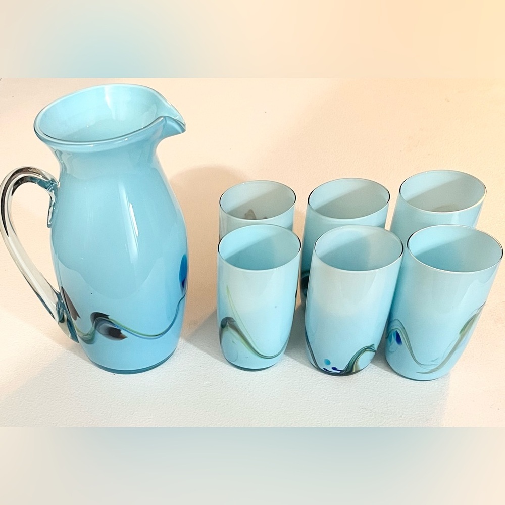 VTG Dalian Snowflake Swirl Colourful Vibrant Art Glass Pitcher & 6 Glasses‎ EUC